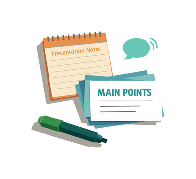 Minimal presentation preparation concept with cue cards notebook and marker loosely arranged seen from a top-down angle, offset