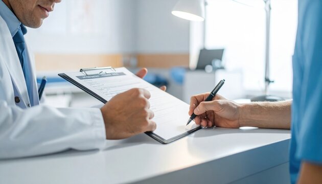 Patient's Hand Carefully Signing a Medical Consent Form with a Black Ink Pen in a Bright Clinic Setting