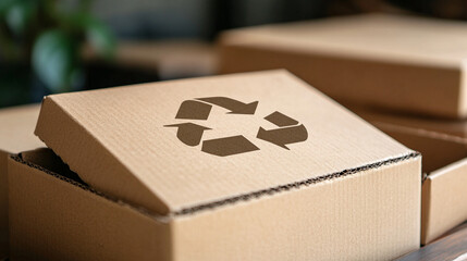 Close-up of recyclable cardboard packaging with eco friendly symbol printed on surface, sustainable business concept