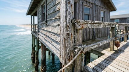 Obraz premium An old wooden pier house stands on stilts over the ocean with a weathered deck and railing on a sunny day