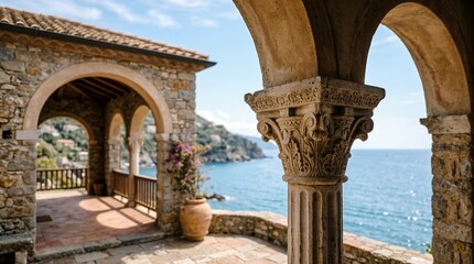 Fototapeta premium A picturesque stone patio with arches overlooking a serene body of water on a sunny day with a potted plant