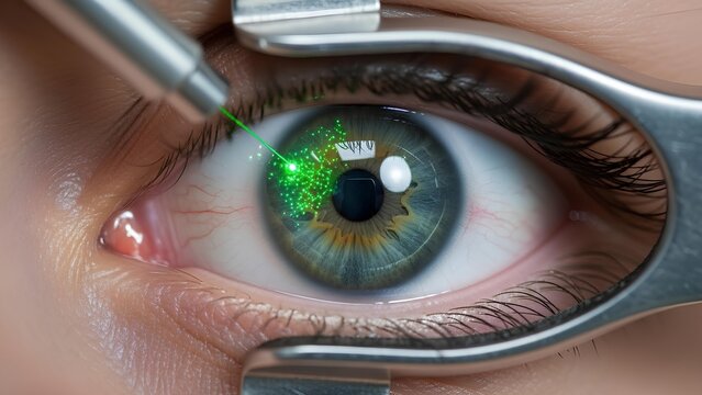 Closeup of a human eye undergoing laser surgery for vision correction.
