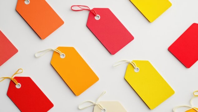 Colorful blank price tags and labels with strings, arranged diagonally on a white background, flat lay for marketing and sales concepts.