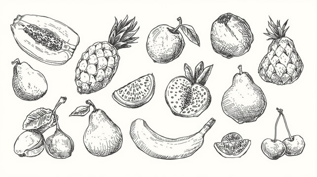 This image features a collection of detailed, hand-drawn fruit sketches in a vintage engraving style, including papaya, pineapple, pear, banana, and other fruits on clean  white background 