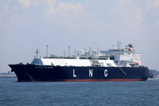 Rotterdam, The Netherlands - May 28th 2024 - An LNG tanker in dutch harbor