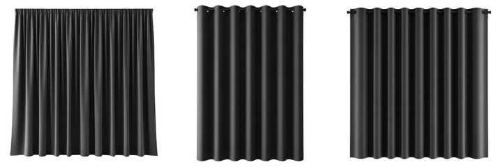 Black Satin Curtains Isolated On White Background, Luxury Silk Fabric Drapery For Interior Decoration, Elegant Soft Textile Swatch Set, Dark Charcoal Flowing Cloth