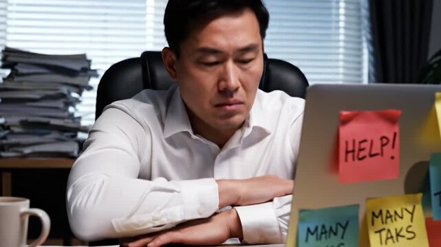 Overwhelmed office worker rubs eyes amidst a pile of tasks