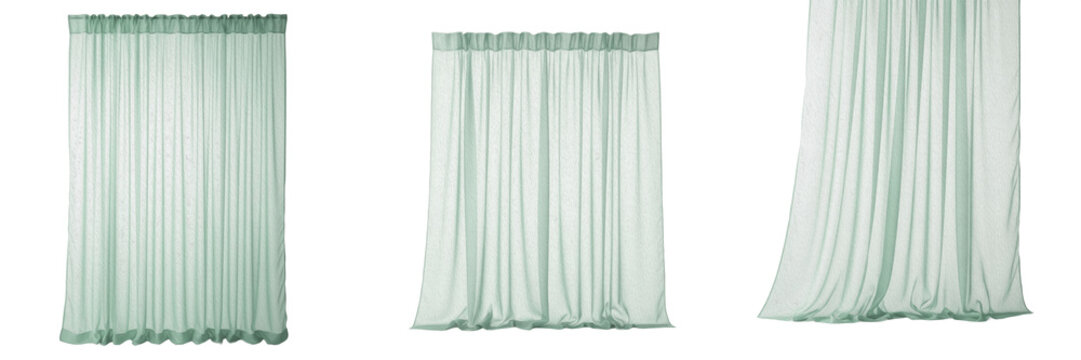 Light Green Sheer Curtains Isolated On White Background, Soft Tulle Fabric Drapery For Window Decoration, Elegant Chiffon Textile Swatch Set, Flowing Voile Cloth