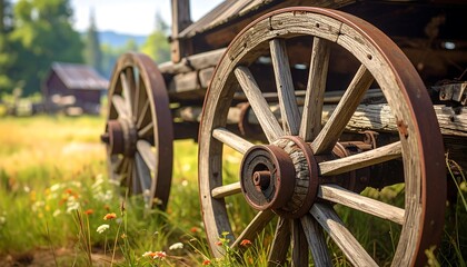 Obraz premium Antique wooden wagon wheels in a peaceful countryside setting showcasing heritage