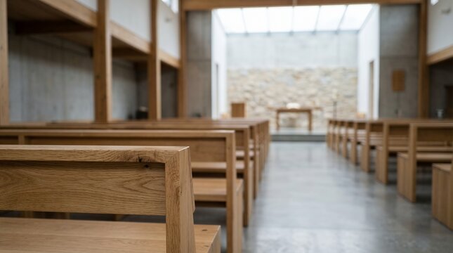The interior of a modern church with wooden pews facing an altar in the distance under a large skylight
