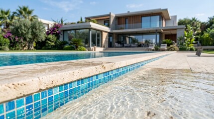 Fototapeta premium A luxurious modern house with a large swimming pool and tropical landscaping on a sunny day with clear blue water