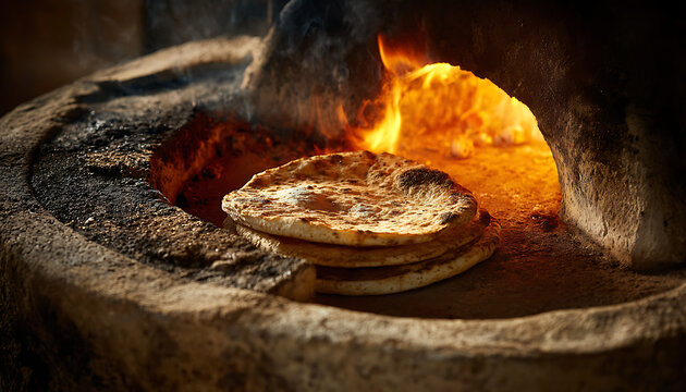 A rustic clay oven glows with heat as a fresh flatbread is slid inside on a wooden paddle capturing the timeless art of traditional baking