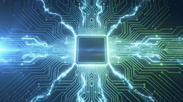 Digital processor circuit animation video, high speed data computing network, advanced motherboard technology background, futuristic electronic system concept
