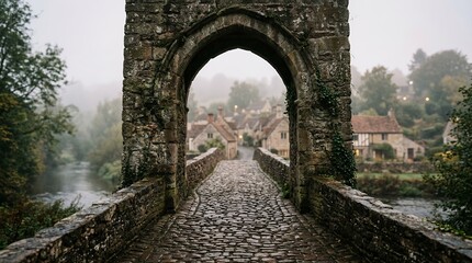 Obraz premium A stone bridge with an archway leads to a quaint village nestled among trees and a river on a foggy day