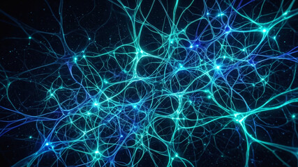 Fototapeta premium Abstract glowing blue and green bio-digital network with connected nodes on a dark background