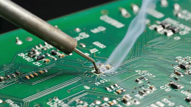  Soldering iron tip contacts board and solder flows smoothly while thin smoke rises from the joint