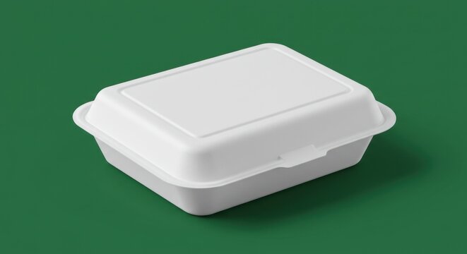 White styrofoam food container against green background offering takeaway convenience