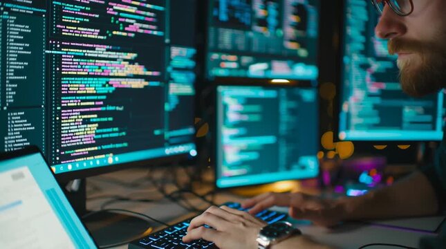 A focused programmer working late at night on multiple computer screens in a dark room