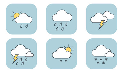 Fototapeta premium Weather forecast icon set with rain, thunderstorm, snow, and sunny clouds. Hand drawn vector illustrations