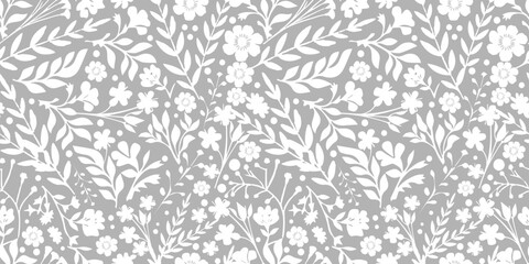 Cute seamless pattern in small flower. Small white flowers. Gray background. Ditsy floral background. The elegant the template for fashion prints. Hand drawn. Not AI, vector illustration © Мария Неноглядова
