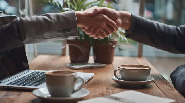 Two business professionals shaking hands over a cup of coffee in a modern office during a video meeting