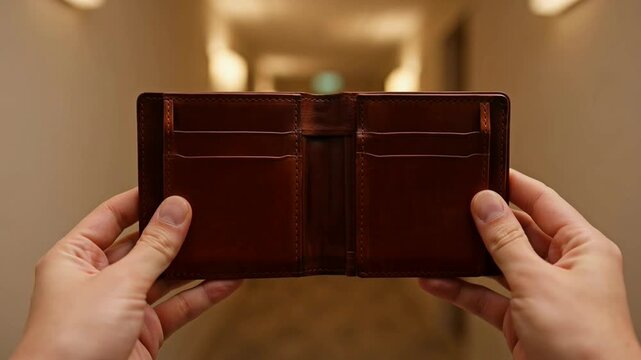 Open leather wallet held by hands in a minimalistic setting showing empty compartments empty wallet open wallet