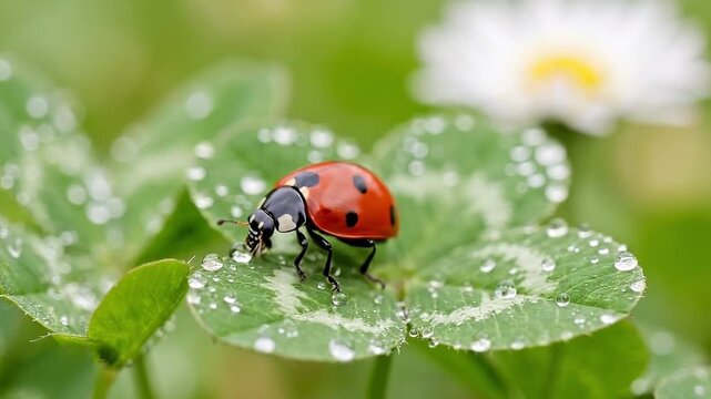 A detailed view of a ladybug on a clover with water droplets, against a soft-focus background