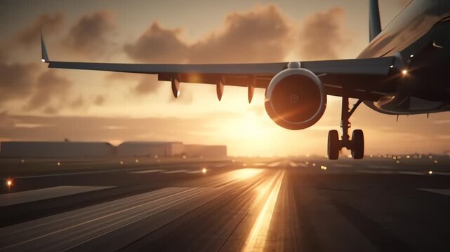 Airplane approaching runway at sunset, preparing for landing with dramatic lighting and clear sky