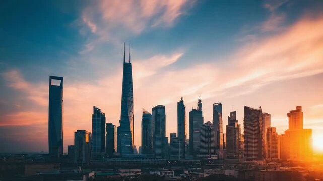 Time-lapse style shadows receding as morning sun hits the urban skyline and skyscrapers