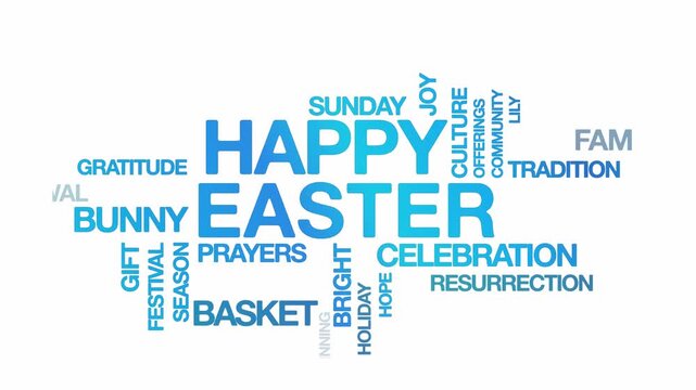 Happy easter concept Animated Tag Word Cloud kinetic typography, Text Design Animation typography seamless loop video motion graphics Intro Wordart sky blue type on white background bg backdrop video