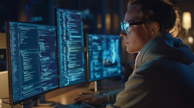 A young programmer working late at night in a dark room with multiple computer screens.