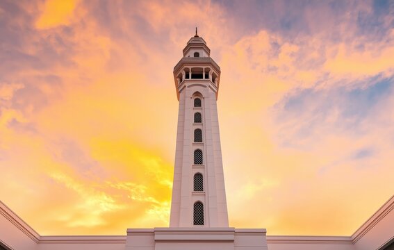 Minaret against a vibrant orange and blue sky, symbolizing Islamic culture, spirituality, and the holy month of Ramadan