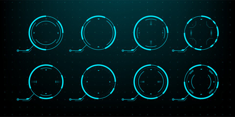 Fototapeta premium Blue glowing HUD circle elements set on dark technical background. Futuristic interface design components. Digital target and radar scope visualization for gaming or tech application.
