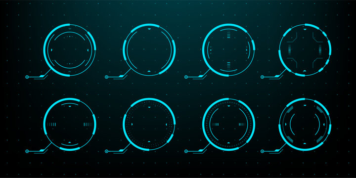 Blue glowing HUD circle elements set on dark technical background. Futuristic interface design components. Digital target and radar scope visualization for gaming or tech application.