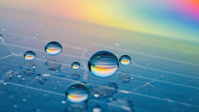 Cinematic macro of a water droplet rolling on a surface with natural surface tension