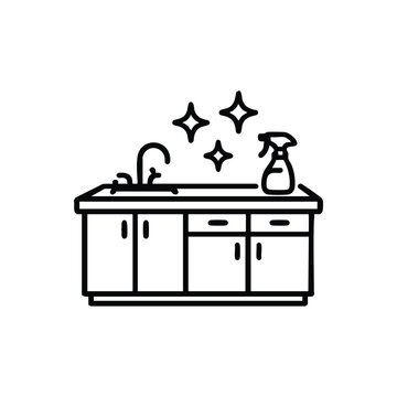 Clean kitchen counter line icon black and white vector illustration of sink spray bottle and sparkling countertop for cleaning service and hygiene concepts