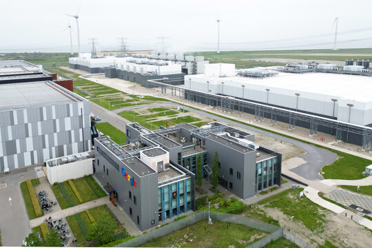 Delfzijl, The Netherlands - May 10th 2024 -Aerial view of a large datacentre in Delfzijl, The Netherlands