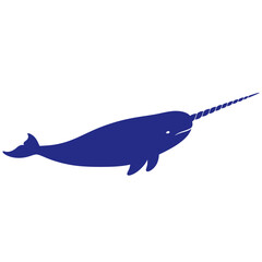 Stylized illustration of a narwhal with a long, spiraling tusk in blue. © Wiliam Robert