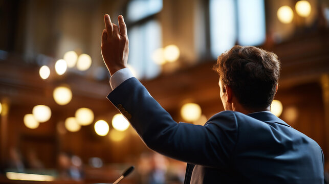 Wide bright courtroom  of a faceless lawyer from behind in a formal courtroom setting one arm raised in an expressive argumentative gesture toward an implied panel
