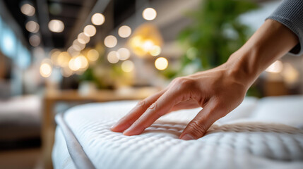 Close up of a faceless hand from above pressing gently into a bright white mattress surface to test firmness and support fine mattress fabric texture visible in sharp detail