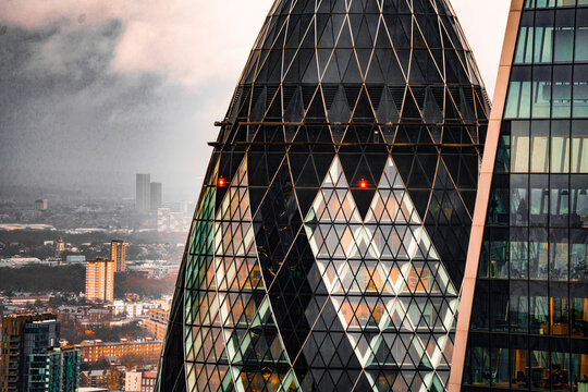 City Of London Financial District, Bishopsgate Aerial Skyline, Square Mile Cluster: Gherkin Skyscraper (30 St Mary Axe), Scalpel (52 Lime Street, W.R. Berkley Corporation), England, UK, 2025