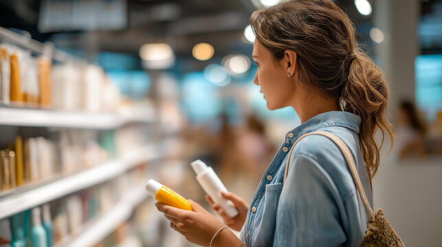 Faceless woman from behind in a bright pharmacy sunscreen display aisle one hand holding two sunscreen products at reading distance while comparing label information clean