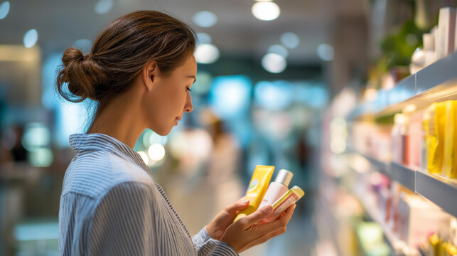 Faceless woman from behind in a bright pharmacy sunscreen display aisle one hand holding two sunscreen products at reading distance while comparing label information clean