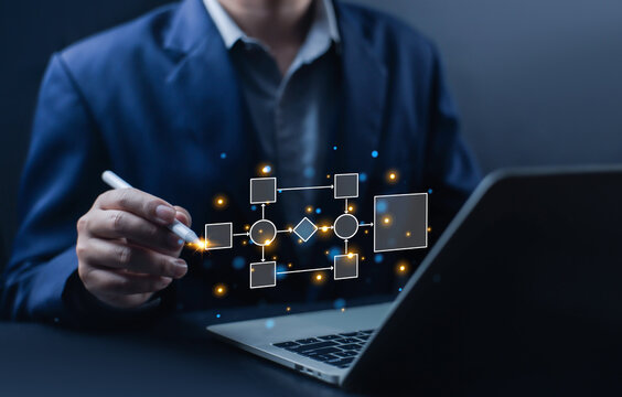 Business professional designing digital workflow diagram on laptop, representing business process management, automation system, project planning, and corporate digital transformation concept.