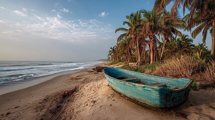 Obraz premium Old fishing boat resting on tropical beach during sunrise