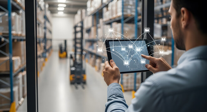 Warehouse manager using a tablet with a digital network interface to manage logistics and inventory in a modern distribution center.