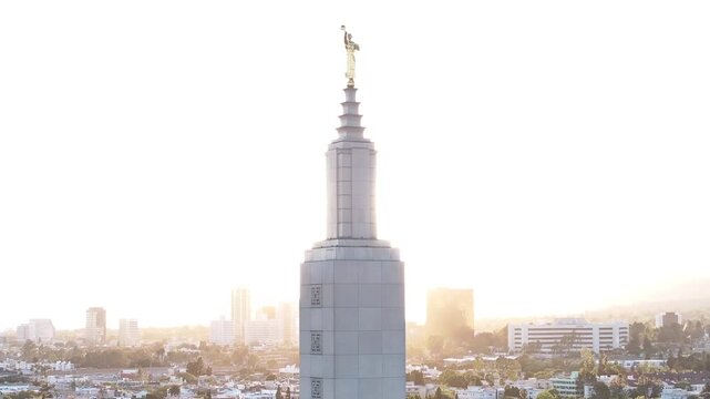 Aerial Close-Up of Los Angeles Temple Spire and Angel Moroni