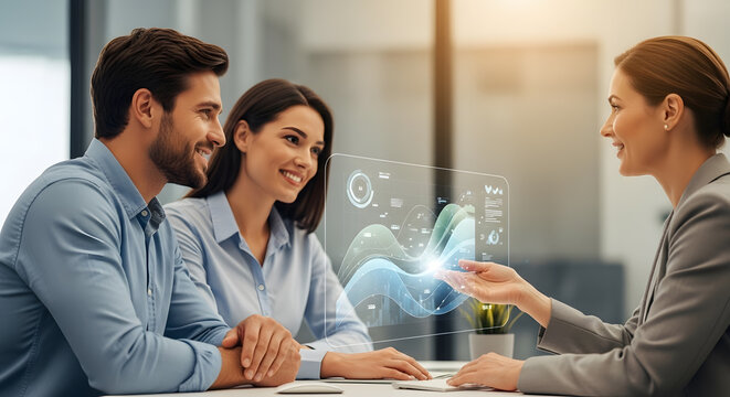 Financial advisors presenting investment data on a futuristic holographic display to a smiling couple in a modern office.