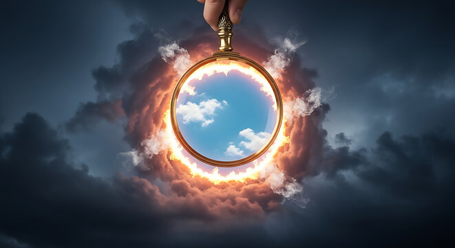 Hand holding magnifying glass revealing clear sky with clouds through fiery portal in dark stormy clouds