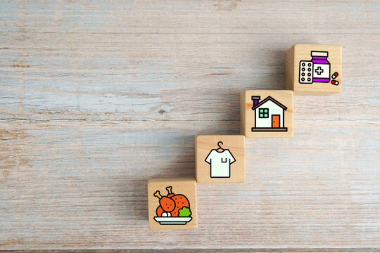 Basic human needs concept with wooden blocks showing icons of food, clothing, housing and medicine on wooden table.